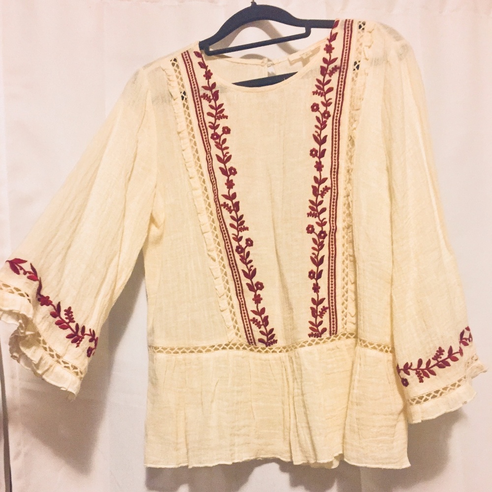 Feminine Embroidered Cream Top w/ Bell Sleeves